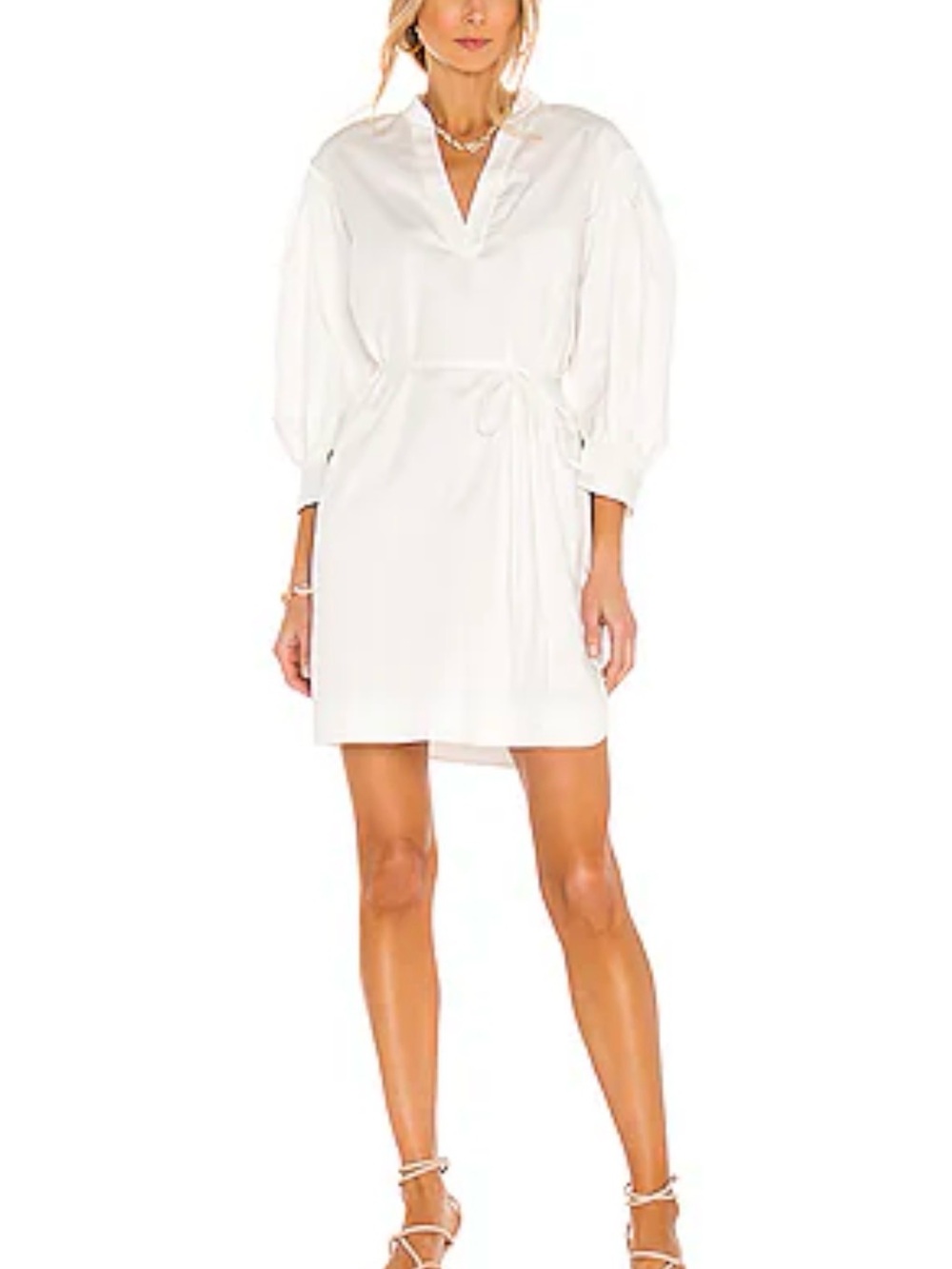 Rebecca Taylor White V-Neck Tie-Waist Mini Dress with Puff Sleeves